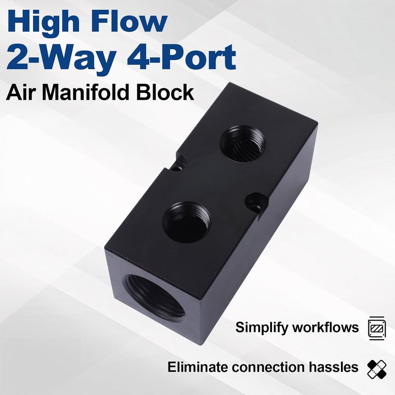 MARSTEK High Flow Air Manifold, Air Compressor Manifold, Air Hose Inline Manifold Block Splitter, Pneumatic Manifold Air Distribution Block, NPT 1 Inch Supply Port, NPT 1/2 Inch Output Port (2 Way 4 Port) - Image 2